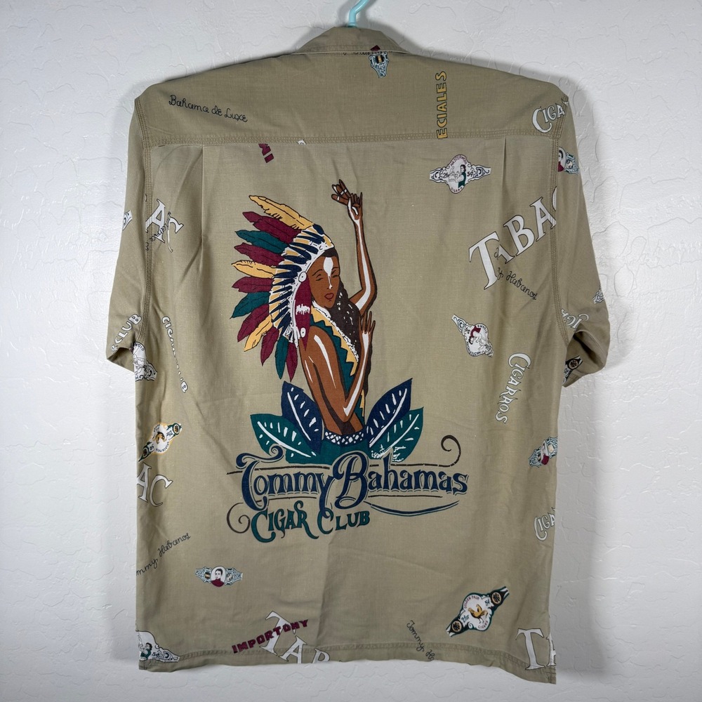 Tommy Bahama Cigar Club Shirt Mens Large Tan Hawaiian Camp Aloha Hula Girl
